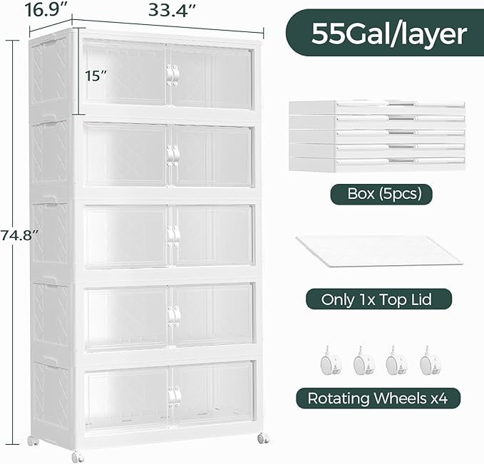 275Gal Stackable Storage Bins with Lid and Wheels, 1100QT Plastic Collapsible Storage Boxes with Doors, Closet Organizer and Storage Cabinet for Home Kitchen Office Dorm Room, 5Pack White