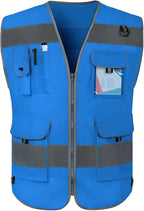 TCCFCCT Blue Safety Vest for Men Women 9 Pockets High Visibility Reflective Vest for Safety, Work Vest with Reflective Strips, Meets ANSI/ISEA Standards, Large