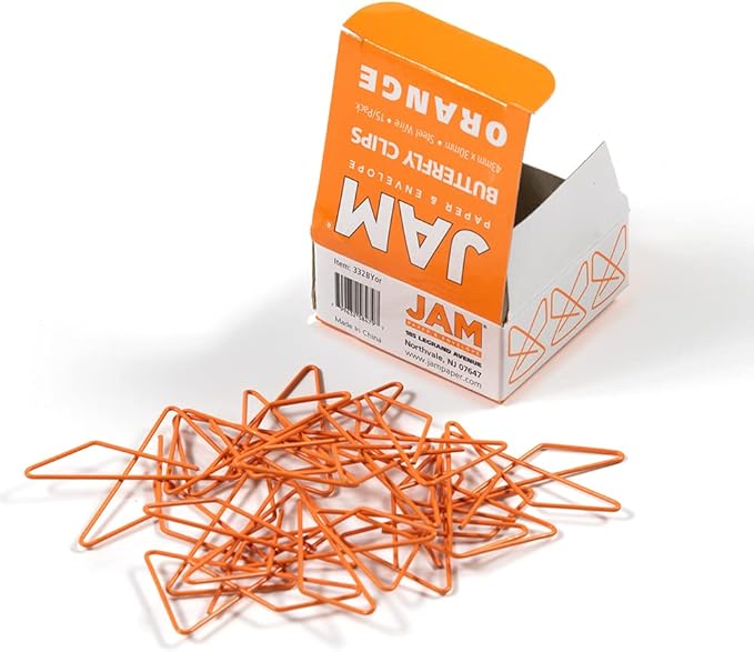 JAM PAPER Colorful Butterfly Clips - Orange Paper Clamps - 15/Pack