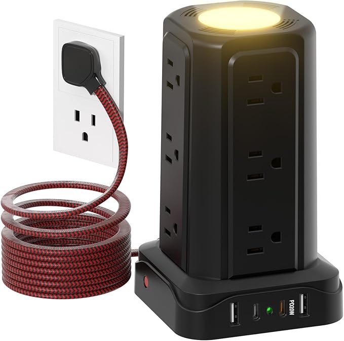 PASSUS Power Strips with Surge Protection, Flat Plug Power Strip with 12 Outlets 4 USB Ports, Charging Tower 1625W/13A 6FT Braided Extension Cord with Multiple Outlets Office Supplies Dorm Essentials