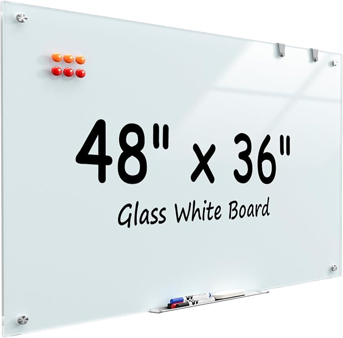MaxGear Glass Whiteboard 48x36 Inches Wall Mounted, Magnetic White Board with 1 Eraser, 1 Accessory Tray, 4 Markers and 6 Magnets, Large Frameless Dry Erase Board for Office, School, Home