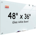 MaxGear Glass Whiteboard 48x36 Inches Wall Mounted, Magnetic White Board with 1 Eraser, 1 Accessory Tray, 4 Markers and 6 Magnets, Large Frameless Dry Erase Board for Office, School, Home