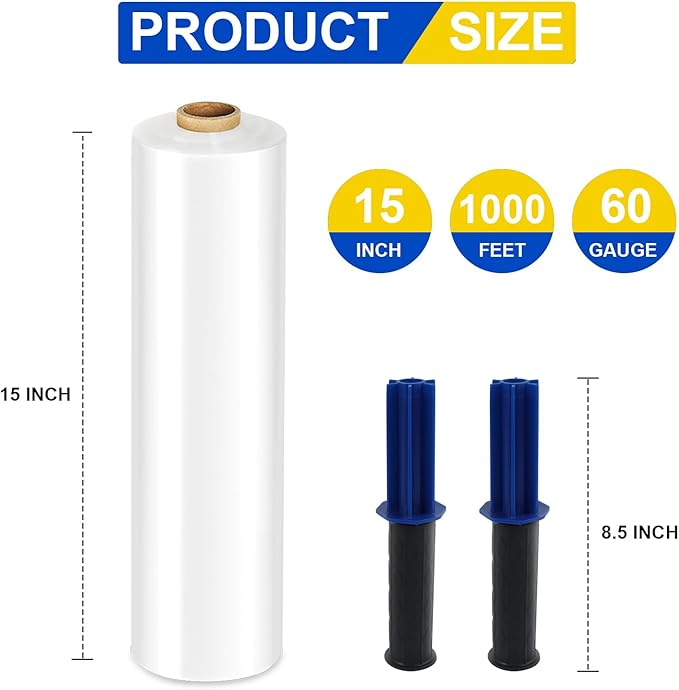 Stretch Film, RAZCC Stretch Wrap Industrial Strength, Shrink Wrap for Pallet Wrap, Heavy Duty Clear Plastic Wrap with Handles, Moving Wrapping Plastic Roll, 15" x 1000 Ft Per Roll, 60 Gauge, 1 Pack