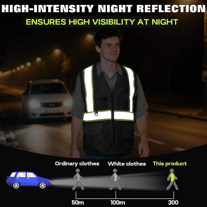 Safety Vest Customize Logo with 5 Pockets & Zipper Reflective High Visibility Vest Class 2 Outdoor Workwear