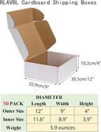 RLAVBL 12x9x4 Inches Shipping Boxes Set of 50, White Medium Corrugated Cardboard Box, Mailer Boxes for Packing Small Business