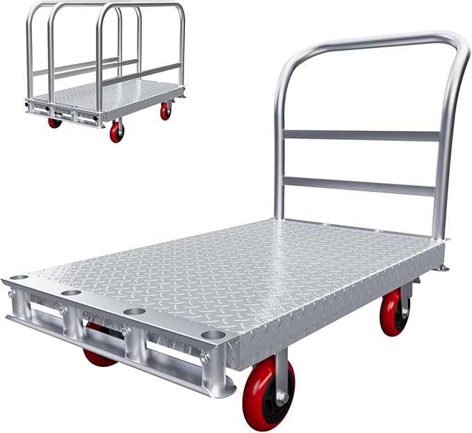 2IN1 Steel Panel Cart Dolly – Large Heavy Duty Drywall Lumber Truck Cart with 2700 LBS Capacity, 40 x 24 Inch 2.2MM Steel Plate, 6.3" Swivel Brake Wheels, 1 Front & 3 Side Handrails