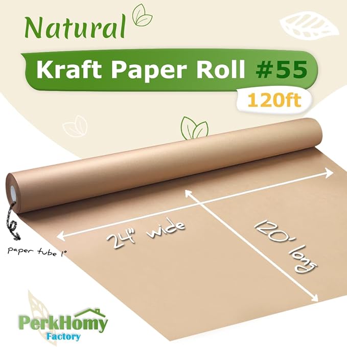 PerkHomy 24" x 1,440" (120') Brown Kraft Paper Roll for Craft Bulletin Board Paper Art Table Covering Crafting Gift Wrapping Bouquet Packing Parcel 70GSM 50LB (Brown, 24" x 120')