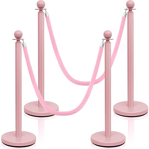 Ferraycle 4 Pcs Stainless Steel Stanchions Post Queue 38 Inch, 5 ft Velvet Carpet Ropes and Pole, Control Barriers for Wedding Birthday Party Decoration Sand Injection Hollow Base Set (Gray Pink)