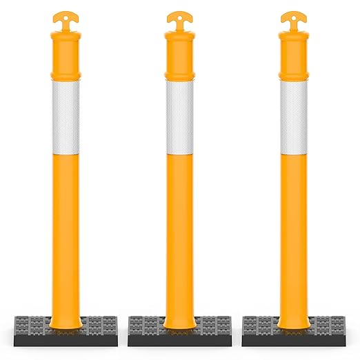 RoadHero 45 Inch Delineator Post with Rubber Base, Heavy Duty Yellow Traffic Delineator Posts Cones with Reflective Collars for Parking Lots, Road Safety, Construction Events 3 Pack