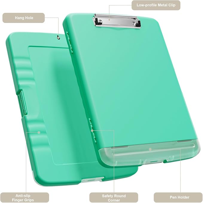 Piasoenc Clipboard with Storage, 8.5 x 11 Organization Box with Pen Holder and A4 Legal Paper Folder, Folio & Side-Opening, Low Profile Clip,for Nurses,Teachers, Size 14 x 9.6 x 1.2 in, Green