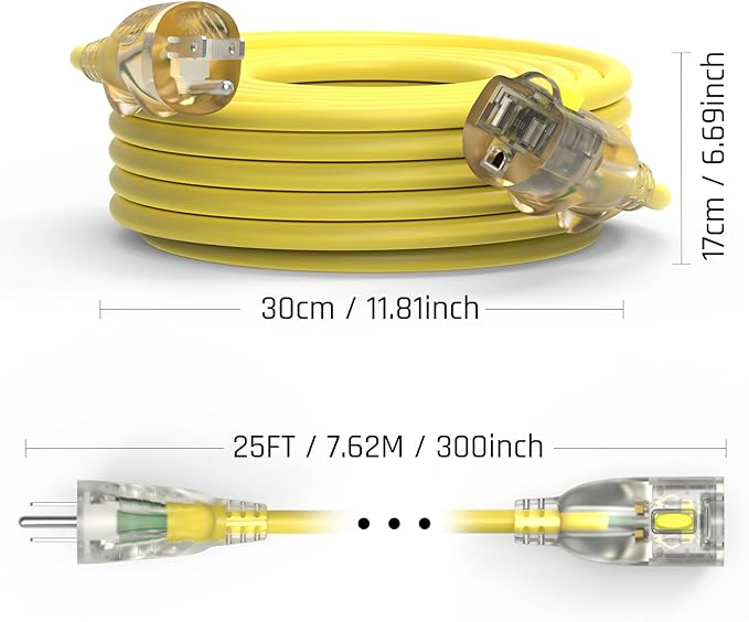 25FT 12/3 Gauge Heavy Duty Outdoor Extension Cord Waterproof, Weatherproof -58°F to 140°F with Lighted Outlet & Press-Release Lock, 15A 1875W 3 Prong, SJTW Electrical Power Cord, ETL Listed (Yellow)