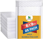 Water Resistant Bubble Envelope Mailers [25 Pack] 6 inch x 9 inch #0 White Poly Padded Shipping Envelopes Self Sealing Cushioned Packaging Bags