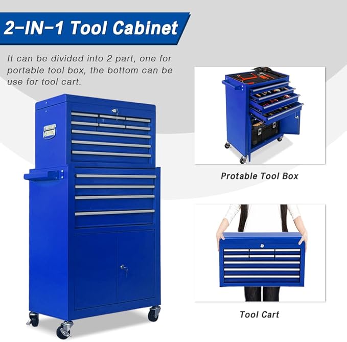 13-Drawer Rolling Tool Chest with Double Door, Extra Large Storage Cabinets with Tool Box, 2-in-1 Detachable Design, 600 lbs Capacity with Lockable Wheels for Garage, Mechanic & Home Use (Blue)