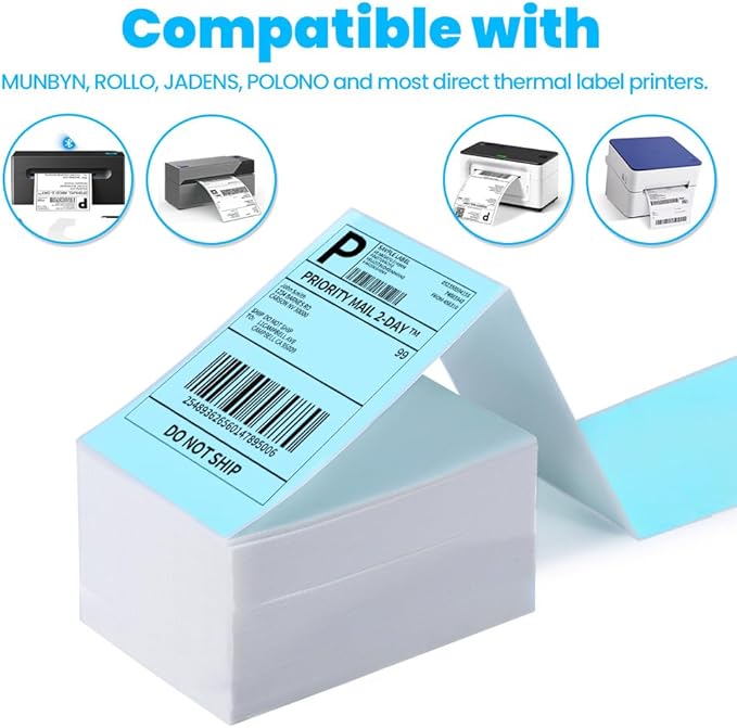 Label KINGDOM Thermal Label Printer Paper, 4"x 6" 500-Fanfold Blue Stickers for Polono, Phomemo Direct Thermal Printer for Shipping Address Label, 1 Roll
