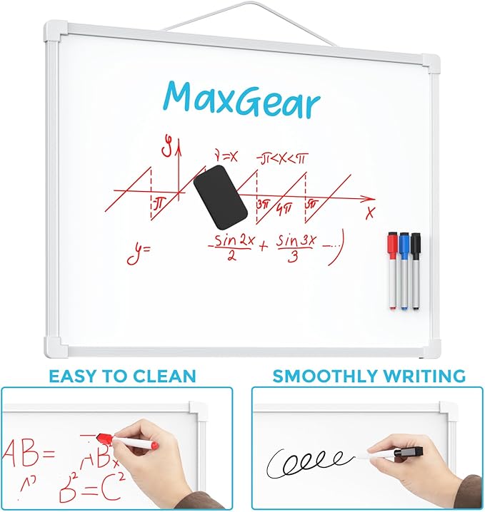 MaxGear Double-Sided Dry Erase Board for Wall, 16"x12" Hanging Whiteboard, Small Dry Erase White Board with 3 Markers & 4 Magnets, Portable Whiteboard for Planning, Drawing, Memo, to Do List