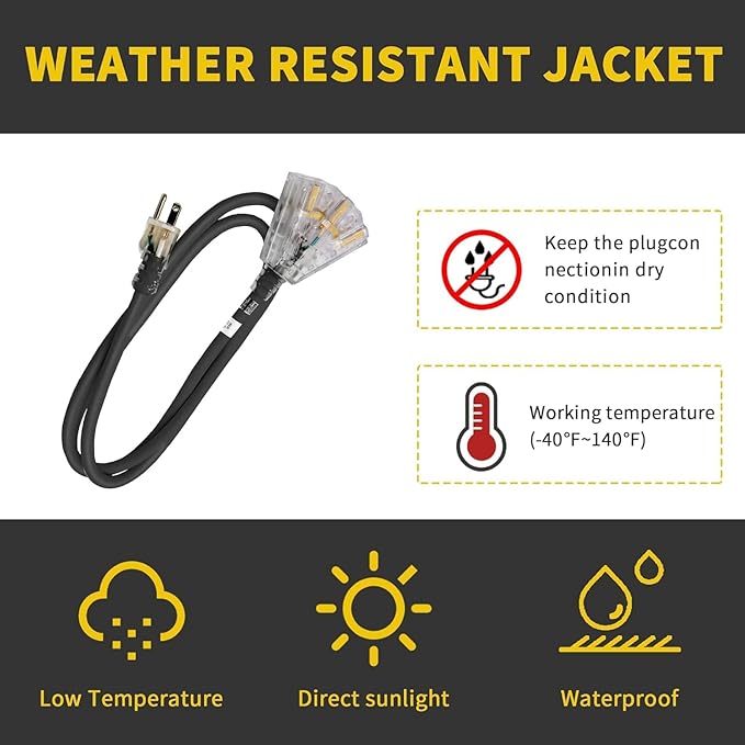 3-Outlets Indoor Outdoor Extension Cord Weatherproof with Lighted End, UL Listed, 12 Gauge 6FT Black 3 Prong Heavy Duty, 12/3 SJTW 15A Power Cord