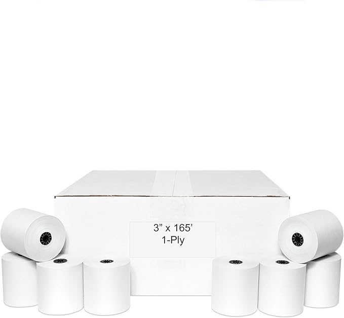 3" x 165' CASH REGISTER ROLLS,1 PLY BOND PRINTER POS PAPER ROLL 50 ROLLS/CASE (Double Solid Core)