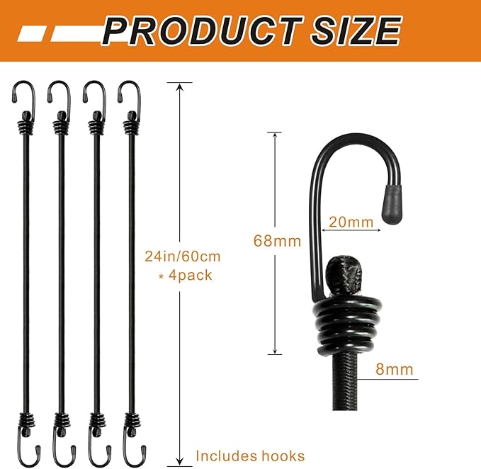 Bungee Cords with Hooks, Heavy Duty Outdoor Elastic Bungee Straps，No Odour Industrial Grade Bungee Rope for Securing Tarps, Luggage, Tents, Bikes or Garden Tidying 24inch 4Pcs (Black)