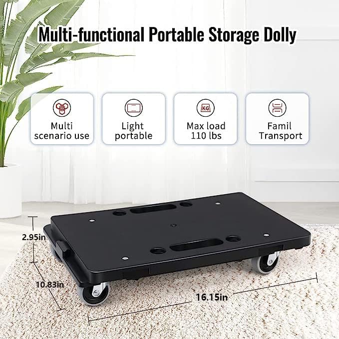 Furniture Dolly,Moving Dolly 4 Wheels Heavy Duty,16in-11in 500lbs Capacity,Furniture Movers Dollys with Wheels,4 Wheels Small Flat Dolly Cart, 2 Pack, Black,Grey Wheel