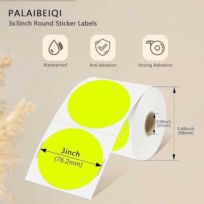 3X3Inch Round Thermal Labels Circle Color Coding Labels Printable Waterproof 500PCS Round Stickers Adhesive Writable for Office, Garage, DIY Sticker, Barcodes, Name Tag, Fluorescent Yellow