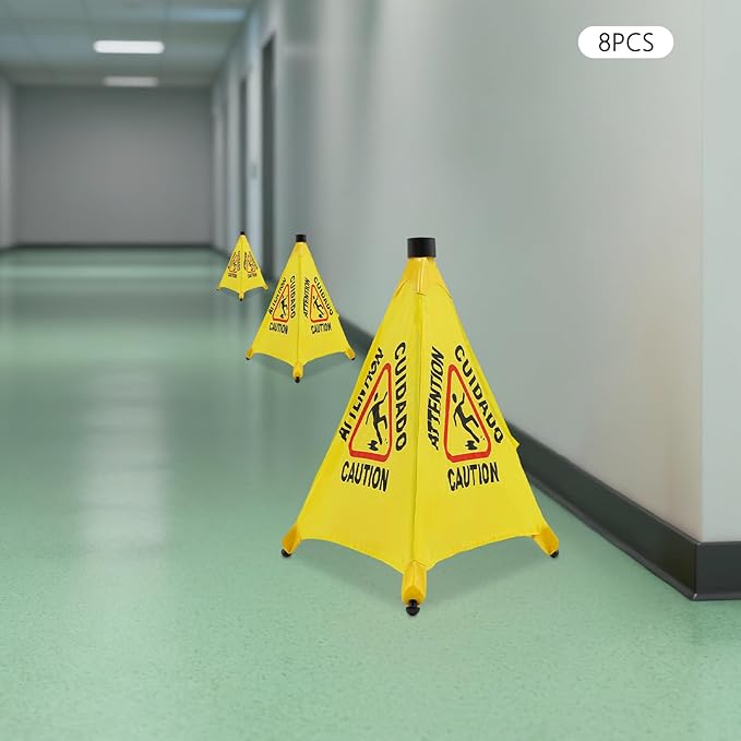 8 Pack Umbrella Wet Floor Signs with Storage Tubes, 20" Collapsible Caution Signs for Commercial Use, Safety Cones for Restaurant, Hotel, Mall (Yellow)