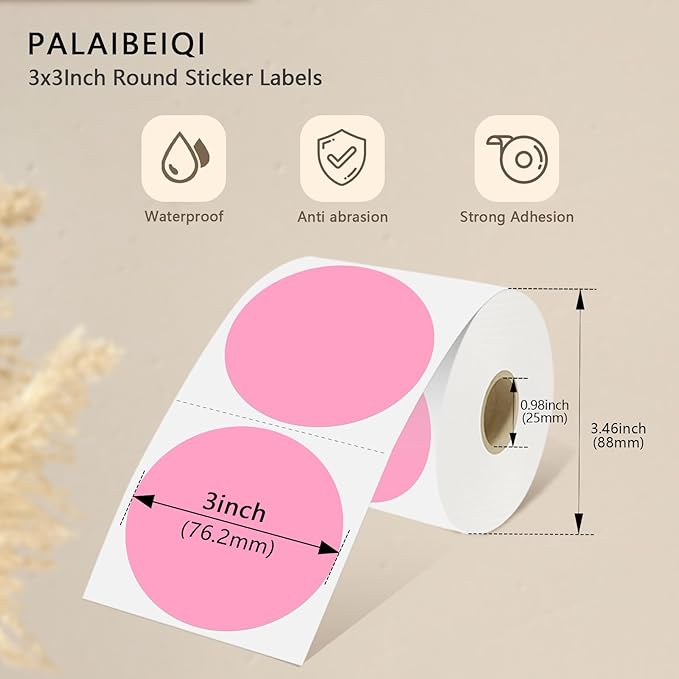 3 X 3 Inch Round Thermal Labels Circle Color Coding Labels Printable Waterproof 500PCS Round Stickers Adhesive Writable for Office, Home, Garage, DIY Sticker, Barcodes, Name Tag, Pink