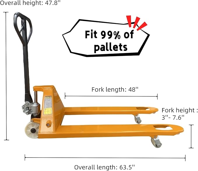 Ezmhbro Standard Duty Pallet Jack with 27" W x 48" L Forks, 5500 lb. Capacity, Leak-Proof Pump, Nylon Wheels, Compatible with Small Warehouse and Freight Workshop