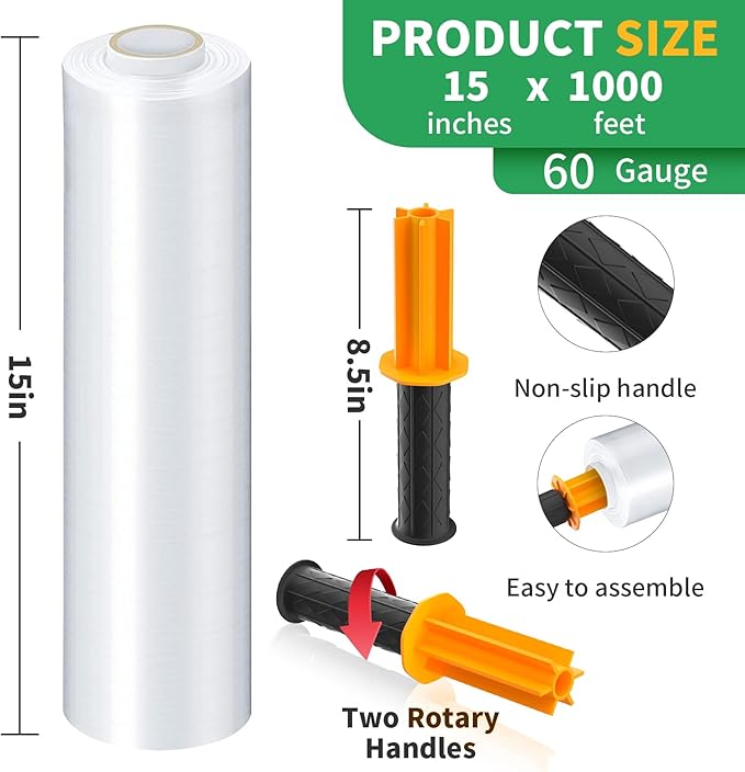 Stretch Film, HERKKA Stretch Wrap with Handles Industrial Strength, Moving Wrapping Plastic Roll, Shrink Wrap for Pallet Wrap, 15" x 1000 Feet, 3 Pack, 60 Gauge