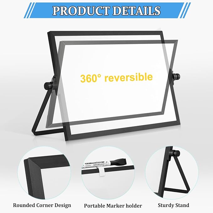 Dry Erase Magnetic White Board, 8" x 12" Black Aluminum Frame Double-Sided Desktop Whiteboard with Stand, Portable Small Whiteboard Set for Drawing, Office, Home, School