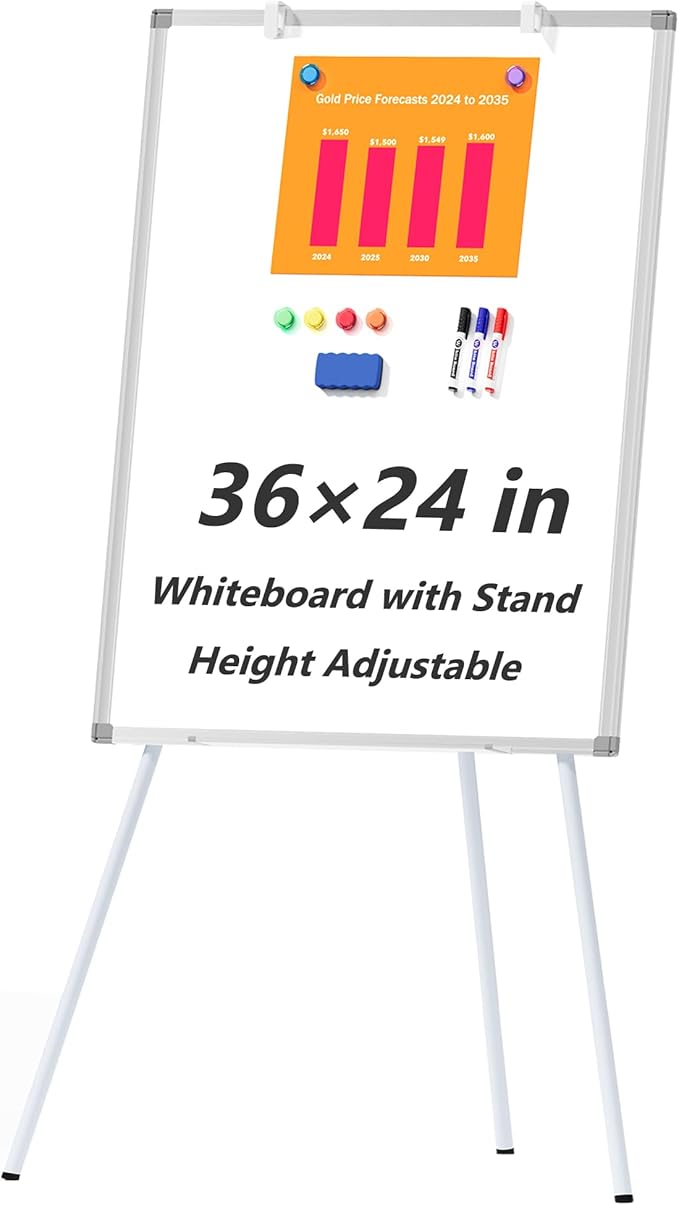 Large Whiteboard with Stand, 36" x 24" Tripod Height Adjustable White Board, 3' x 2' Portable Standing Magnetic Dry Erase Board Easel for Home Office Classroom School, Silver