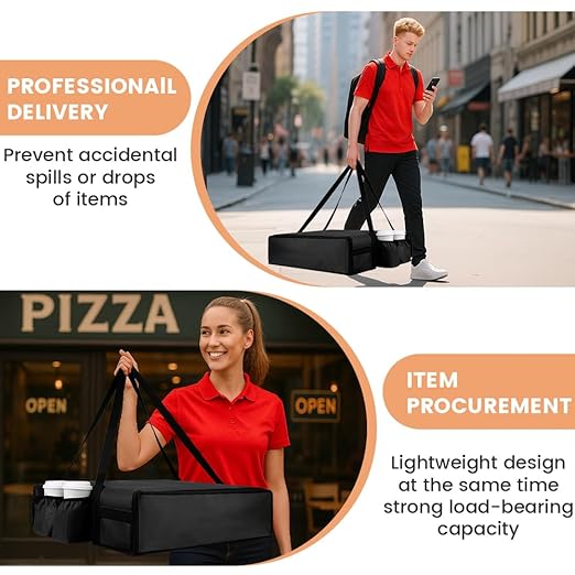 Insulated Pizza Delivery Bag with 4 Cup Holders, 24" x 6" Pizza Warmer Bag for Hot Pizza/Drinks, Pizza Carrier for Events, Large Food Delivery Carrier for Transport/Shopping/Catering, Black