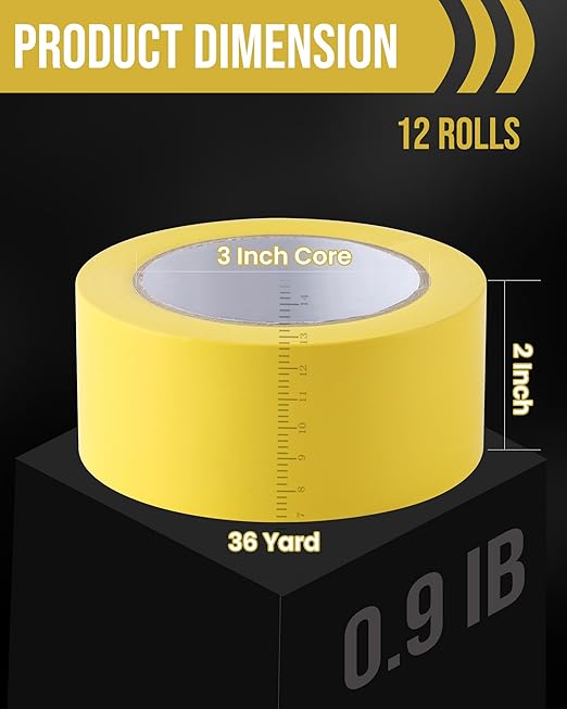 Lichamp 12 Rolls Vinyl Tape, Premium Safety Marking and Traffic Floor Marking Tape, Bundling, Social Distancing, 2 Inch x 36 Yards per Roll, 432 Total Yards, Yellow