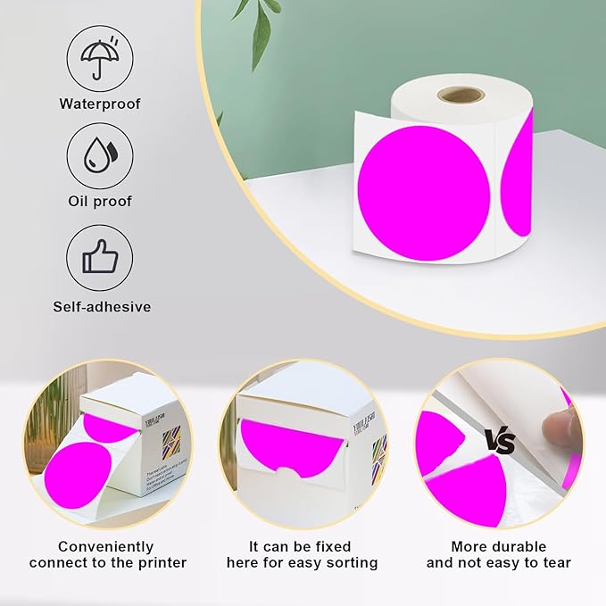 3 x 3Inch Round Color Coding Labels Circle Thermal Labels Printable Waterproof 500Pcs Round Stickers Adhesive Writable for Office, Garage, DIY Sticker, Barcodes,Name Tag, Fluorescent Purple
