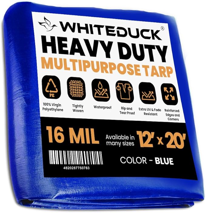 WHITEDUCK 12' x 20' Super Heavy Duty Poly Tarp Thick 16 Mil, Waterproof 100% UV Resistant Rip/Tear Proof Tarp w/Rustproof Grommets & Reinforced Edges (Blue,16 mil Finished Size: 11'6"x19'6")