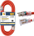 EP 10 Ft Lighted Outdoor Extension Cord - 10/3 SJTW Heavy Duty Orange Extension Cable with 3 Prong Grounded Plug for Safety, ETL Listed