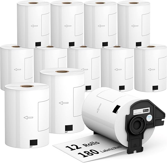 12 Rolls 2160 Labels for Brother DK 1247, 4.07"x6.4" Compatible Die-Cut Wide Format Shipping Mailing Postage Address Labels Paper, Tacnology Used with Brother QL Label Printers, 1 Reusable Cartridge