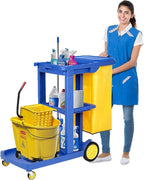 tonchean Commercial Janitorial Cart, 3-Shelf Housekeeping Cart with 22 Gallon Vinyl Bag & Cover, Large Capacity Janitorial Carts on Wheels for Hotels, Stores, Schools, Offices