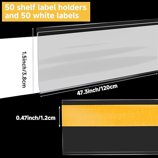 50 Pcs Shelf Label Strips, Self Adhesive Shelf Label Holder, 1.5''H x 48''L with 50 White Labels Sheets Price Tag Holder Clear Plastic Shelves Clip for Supermarket Gondola Shelving (Clear)