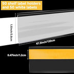 50 Pcs Shelf Label Strips, Self Adhesive Shelf Label Holder, 1.5''H x 48''L with 50 White Labels Sheets Price Tag Holder Clear Plastic Shelves Clip for Supermarket Gondola Shelving (Clear)