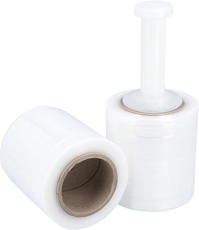 PSBM 24 Rolls 4 Inch x 1000 Feet 90 Gauge Mini Stretch Film/Wrap with Plastic Handle, Heavy Duty Industrial Strength Clear Shrink Plastic Wrap for Moving, Packing, Shipping, Bundling & Storage