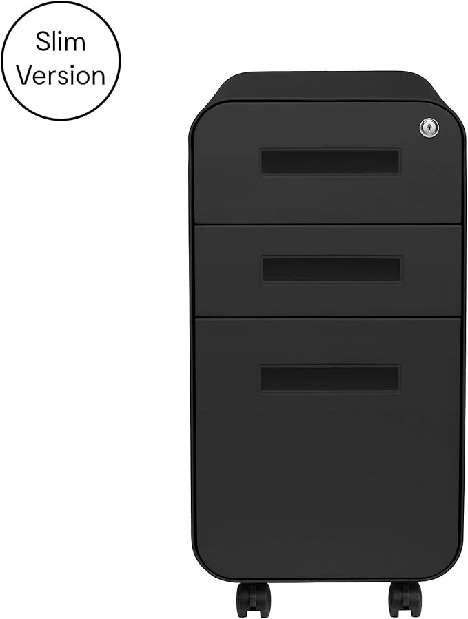 Laura Davidson Furniture Stockpile Slim 3-Drawer Mobile File Cabinet with Lock - Under Desk Metal Filing Cabinet, Legal/Letter File Folders, Wheels and Stationary Feet, Pre-Assembled, All Black
