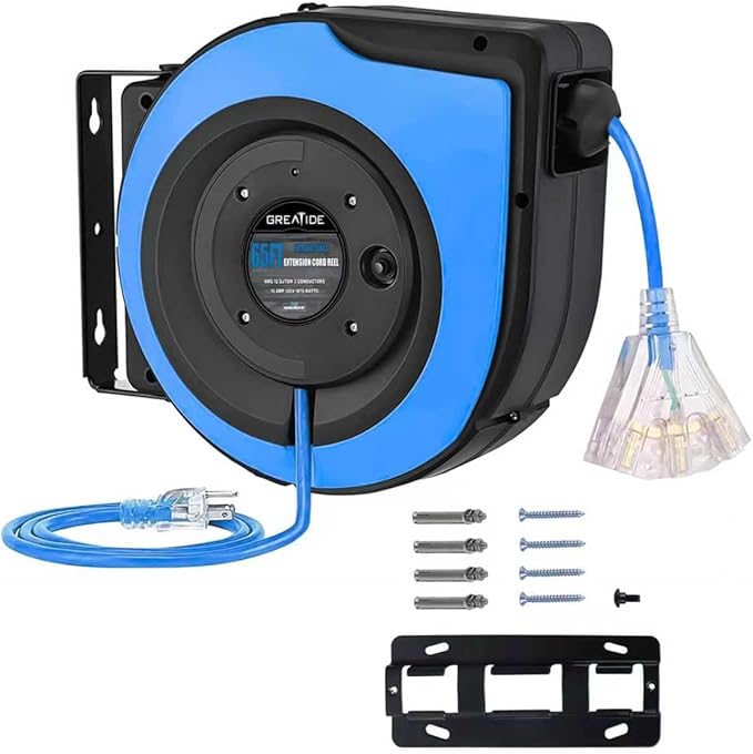 Retractable Extension Cord Reel, 65 Feet 12 AWG/3C SJTOW Heavy Duty Power Cord,15 AMP Circuit Breaker, 3-Lighted Triple Outlets, Ceiling or Wall Mount,Green