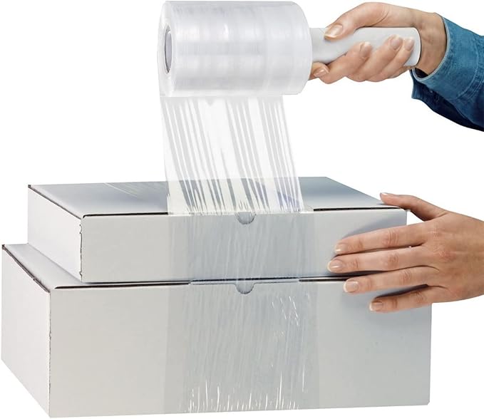 6 Pack Stretch Wrap Film with Handle, 80 Gauge Thick Industrial Strength Hand Stretch Wrap, 4" x 1000 Ft Plastic Pallet Shrink Film Heavy Duty Self-Adhering Plastic Wrap for Packing, Moving