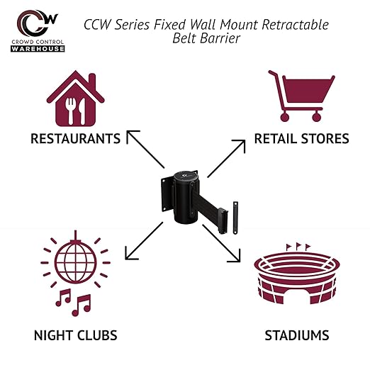 Crowd Control Warehouse - CCW Series WMB-120 Fixed Wall Mount Retractable Belt Barrier - 11 Foot, Yellow Belt with Black Steel Case
