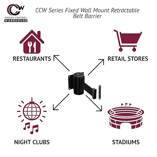 Crowd Control Warehouse - CCW Series WMB-120 Fixed Wall Mount Retractable Belt Barrier - 11 Foot, Light Grey Belt with Stainless Steel Case