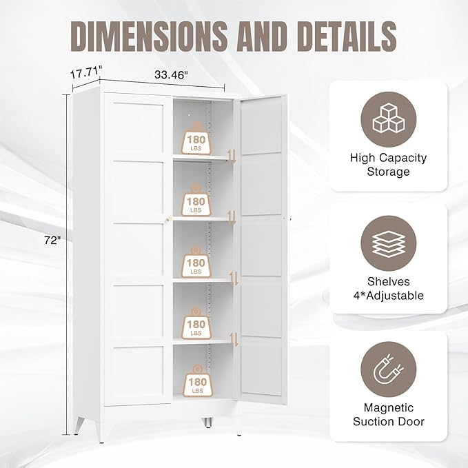 Yizosh Metal Storage Cabinet with 2 Doors and 4 Adjustable Shelves,- 72" White Kitchen Pantry Storage Cabinet for Kitchen,Living Room,Dining Room