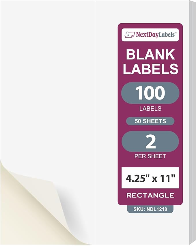 NextDayLabels – 4-1/4" x 11" Rectangular Sticker Labels for Printer - White Laser/Inkjet Printer Labels Return Address Labels Shipping Label Stickers (50 Sheets, 2 Per Sheet, 100 Labels)