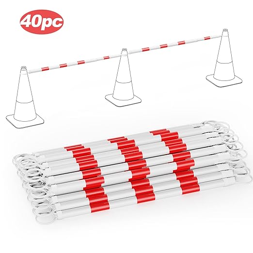 RoadHero 40 Pack 4 FT to 6.9 FT Retractable Cone Bar, Expandable Traffic Cone Bars for Parking Lots, Extendable Barricade for Road Construction, White and Red, Cone Not Included