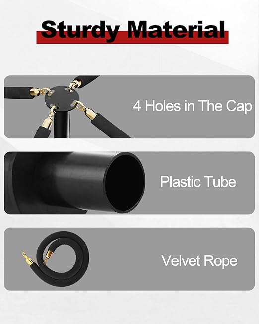 RoadHero Plastic Stanchion Post, Black Velvet Ropes and Poles with Weighted Base, Ropes Safety Barriers for Crowd Control, Party and Movie Theater, 2 PCS