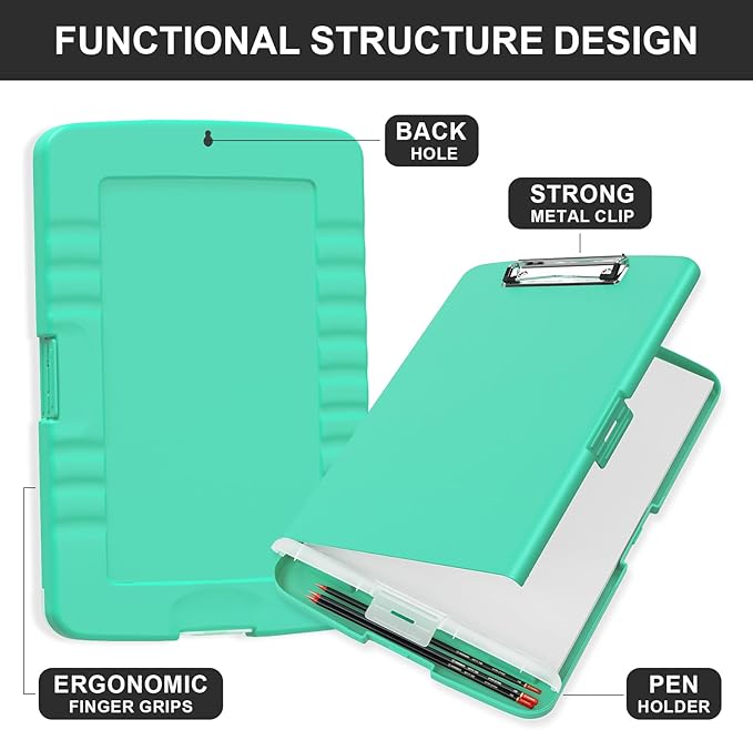 Plastic Clipboard with Storage, 8.5 x 11 Storage Organization Box Side-Opening, Heavy Duty Clip Board with Pen Holder and Paper Folder for Nurses, Teachers, Office & School Supply, Green